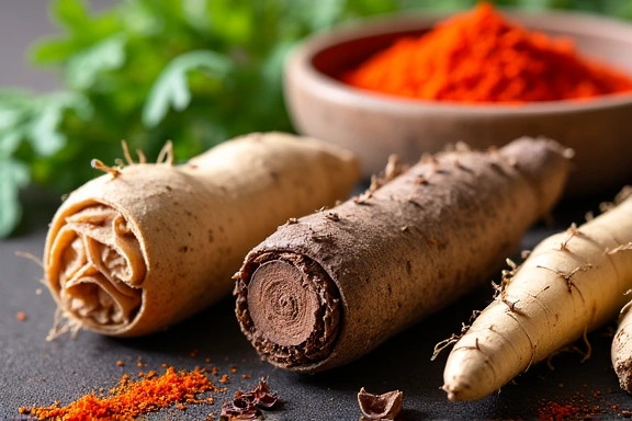 Larawan ng iba't ibang natural na sangkap tulad ng herbs, spices, at root crops, sumasagisag sa natural na panggagamot.