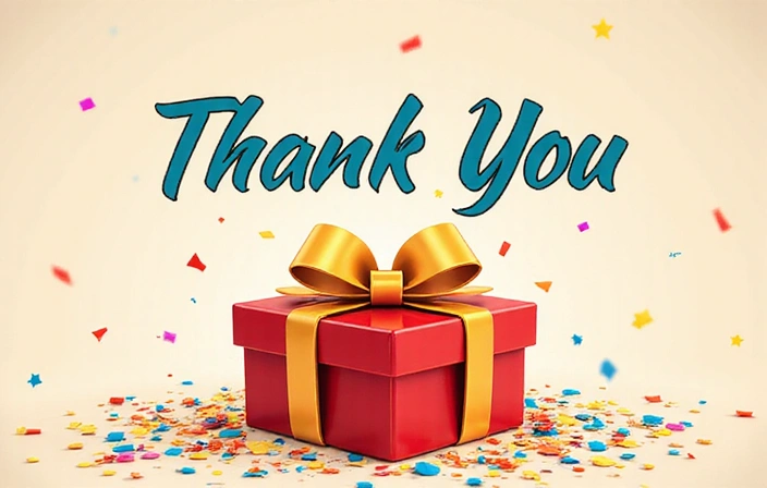 Thank you message with a gift box and confetti