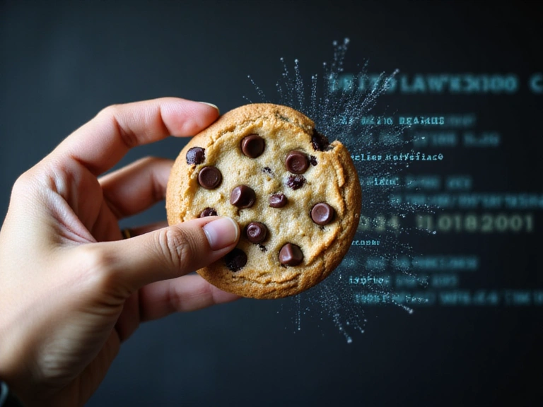 A hand holding a cookie with digital elements floating around it, representing website cookies and data.