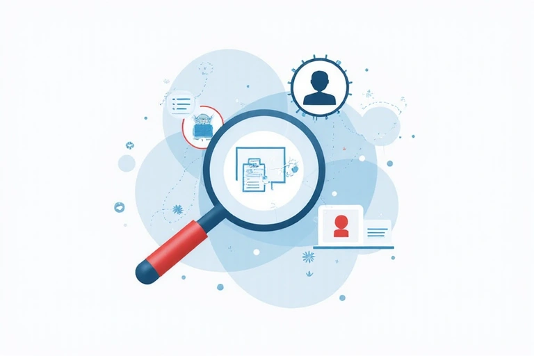 Ilustrasyon ng data collection na may magnifying glass at iba't ibang data points