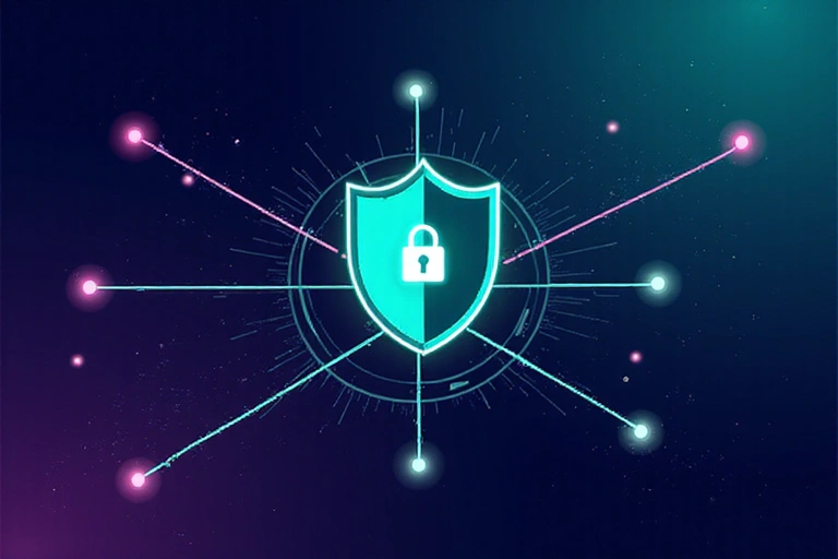Ilustrasyon ng cyber security na may shield icon at digital network