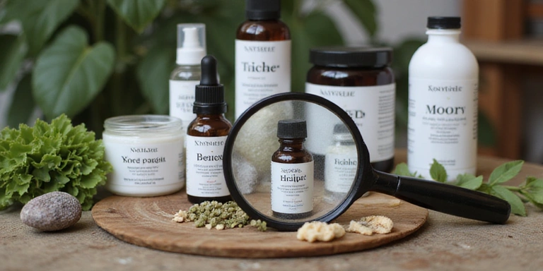 Magnifying glass over a list of natural products, symbolizing search
